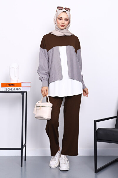 İmajButik Καφέ συνδυασμός υφασμάτων Σετ Modal με Παντελόνι Τουνίκ