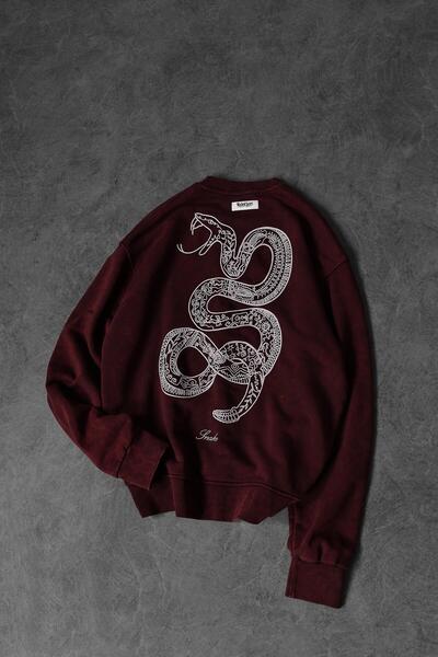 Slatra Erkek Bordo Snake Nakışlı Özel Yıkamalı Oversize Sweatshirt
