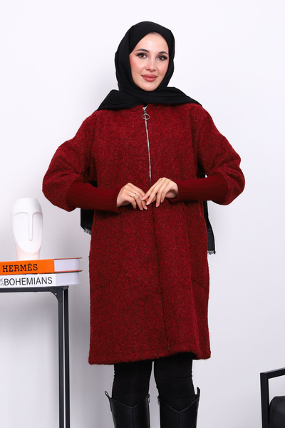 İmajButik Burgundy Zippered Wool Cashmere Coat