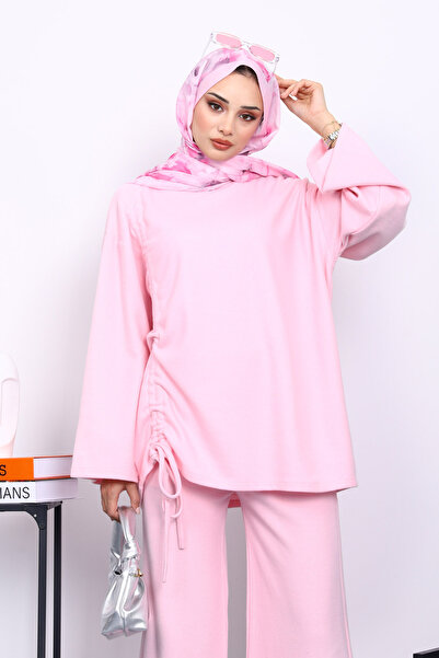 İmajButik Pembe Büzgü Detaylı Fitilli Tunik Pantolonlu Takım