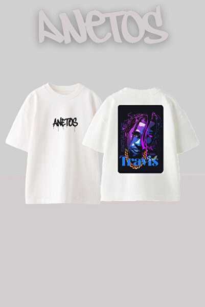 Anetos Travis Scott Purple Design Back cu imprimeu Bumbac Alb supradimensiona...