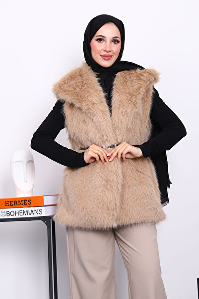 İmajButik Biscuit Lined Belted Fur Vest