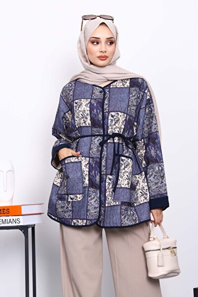 İmajButik Μπουφάν με κουμπωτά με έθνικ σχέδιο σε μπλε ναυτικό