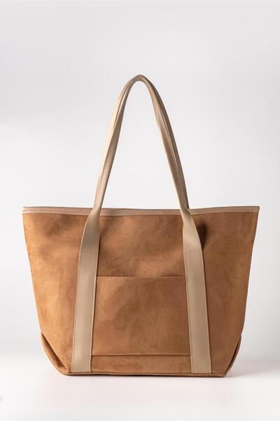 ÖZÜM TAKI Geantă de umăr din piele intoarsa de marime mare pentru femei, culoare crem