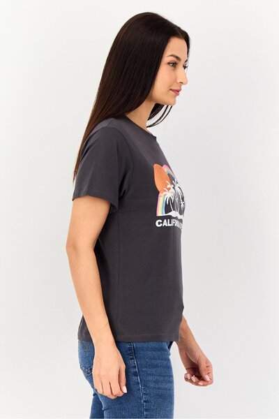 Reiko Women Crew Neck Graphic Print Short Sleeve T-Shirt, Brown