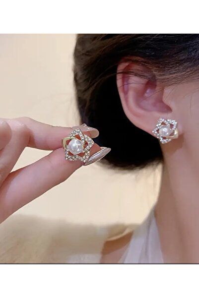 BYFASHION Gül Desenli Dokulu Rose Zirkon Taşlı Küpe