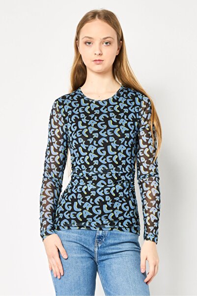 Karl Lagerfeld Women Round Neck Long Sleeve Allover Print Top, Multicolor