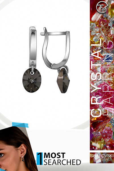 Twem Silver أقراط بيضاوية سوداء مرصعة بأحجار كريستال زركونيا سواروسكي |   تصميم بيضاوي أسود غامض