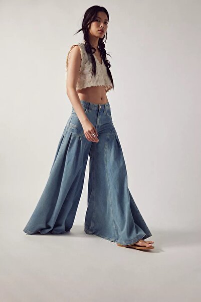 september island Classic Blue Color Exaggeration Spanish Wide Leg Denim Pants Skirt