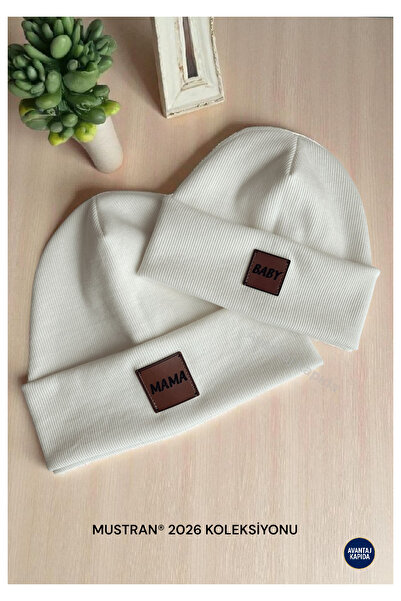 Mustran 95% Cotton Handcrafted Leather Label Mother Baby Beanie Set |   3–18 Months and Adult Gift