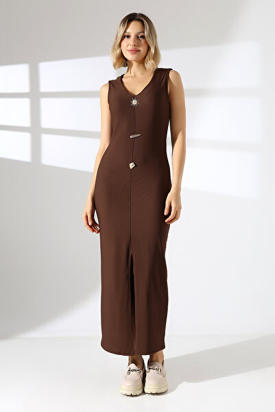 lubiti Γυναικείο φόρεμα μίντι από λύκρα με χρυσά κουμπιά και αξεσουάρ, με μαν...