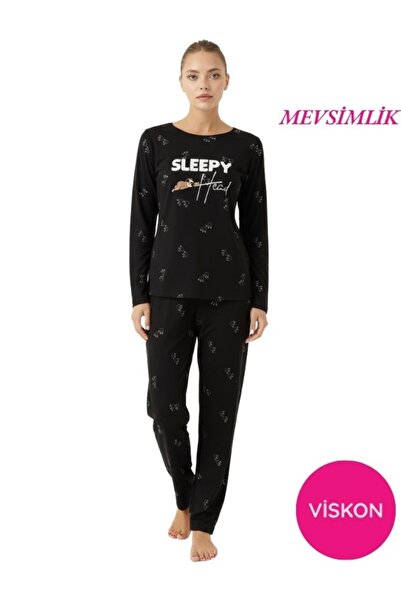 bie's Set de pijamale cu mânecă lungă din viscoză lycra, cu model negru, gule...