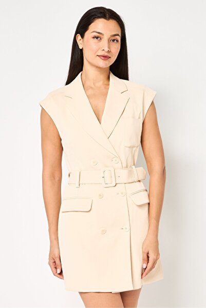 SANDRO Women Plain Belted Blazer Mini Dress, Beige