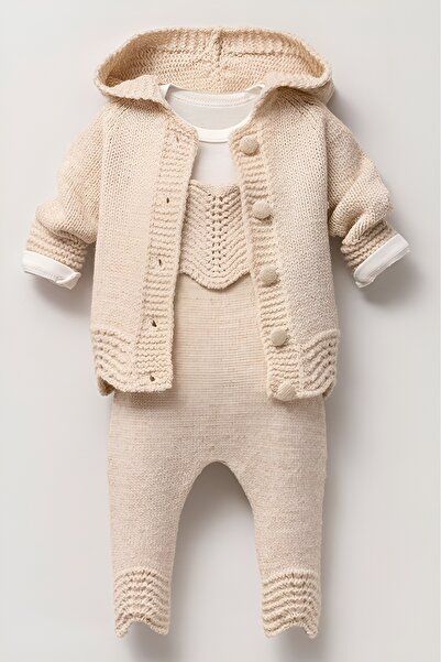 Nipperland Çaren Kids- Baby Girl Lace-Like Knit Knitwear 3-Piece Set- Lace-Like Knit Knitwear Salopet and Cardigan, Snap Fastener Bodysuit