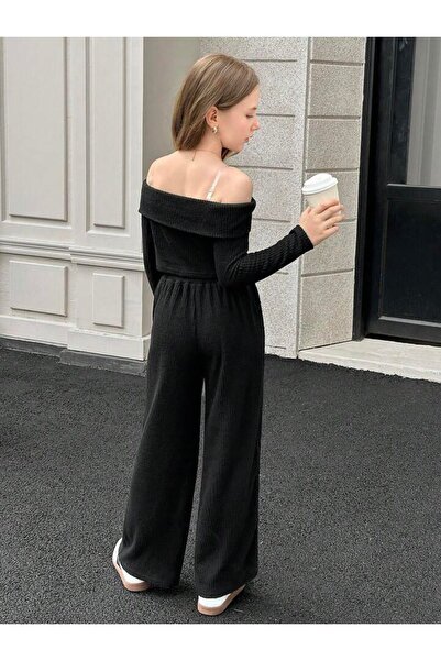 MORNİNG KİDS Детски комплект от горна и долна част от черна мадана с ребрист трикотаж