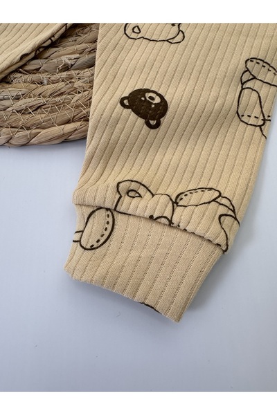 Vivolas Teddy Bear Patterned Crew Neck Corded Fabric 2-Piece Set Baby Sweatshirt and Pants