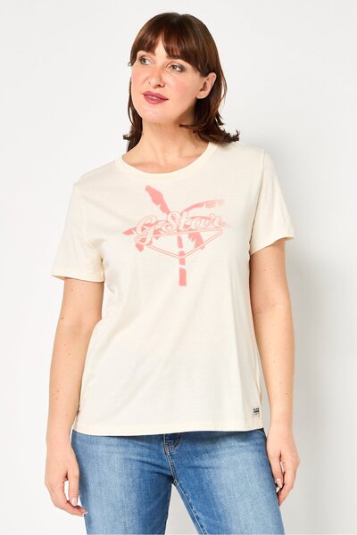G-STAR RAW Women Crew Neck Short Sleeve Brand Logo T-Shirt, Beige