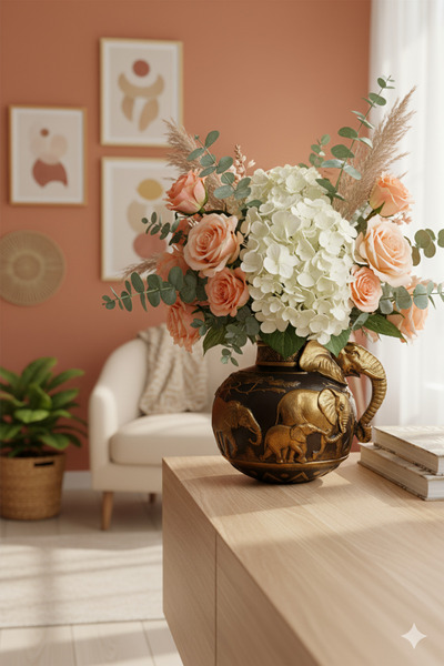 Tual Hobi Sanat Dekoratif El Boyaması Fil Figürlü Lüks Vazo Heykel 3D Biblo