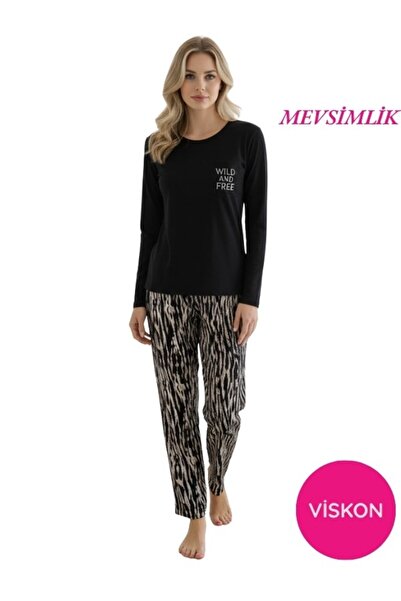 bie's Set de pijamale cu mânecă lungă din viscoză lycra, cu model negru, gule...