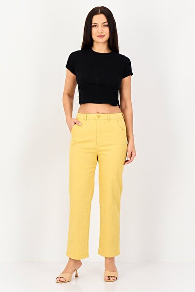 Reiko Women Cropped Fit Stretchable Solid Chino Pants, Yellow