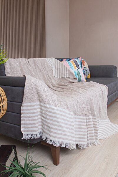 Valoroso Tekstil Pamuklu Püsküllü Elmas Desenli Koltuk Örtüsü 170X210 cm | Dekoratif Kanepe, Yatak ve Tv Örtüsü