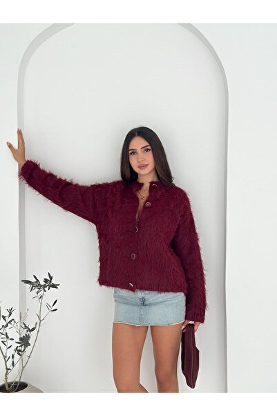 Jeevee Cardigan tricotat cu guler rotund nasturi mari, cu textura păroasă