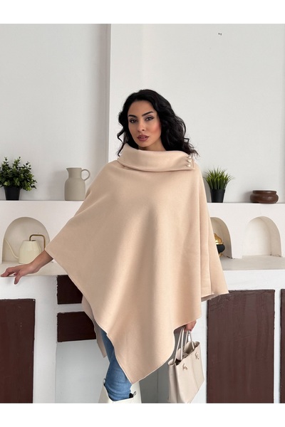 moda biz Women's Beige Woven Collar Button Detailed Stylish Designed Hijab Poncho