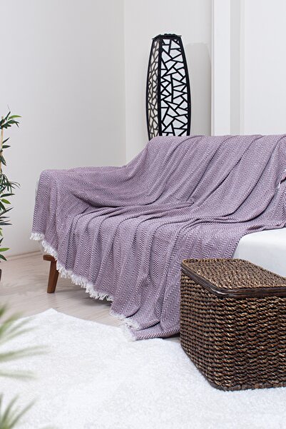 Valoroso Tekstil Pamuklu Zikzak Desenli Püsküllü Koltuk Örtüsü 170X210 cm | Dekoratif ve Çok Amaçlı