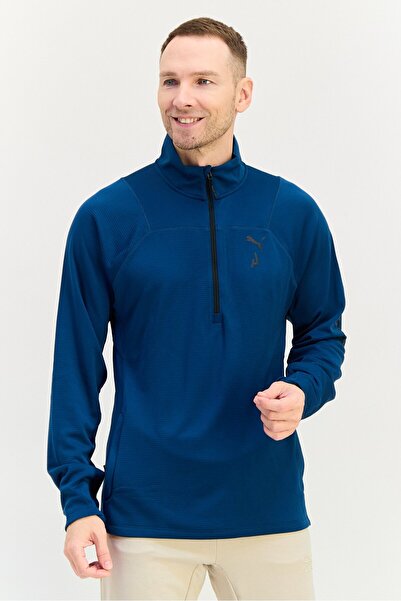 Puma Men Sportswear Fit Brand Logo Long Sleeve Outdoor Polo Shirt, Teal Blue