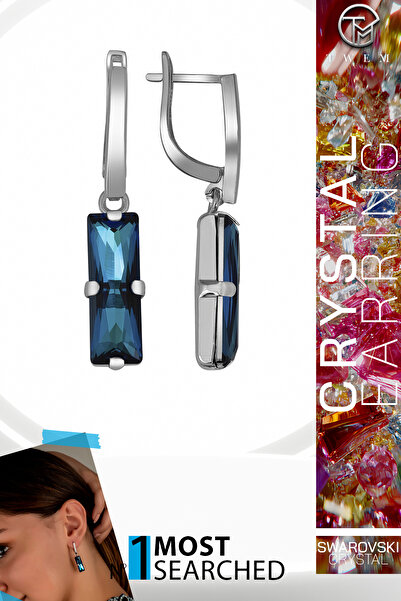 Twem Silver Blue Baguette Dangle Earrings with Zirconia Swaroski Crystal Ston...