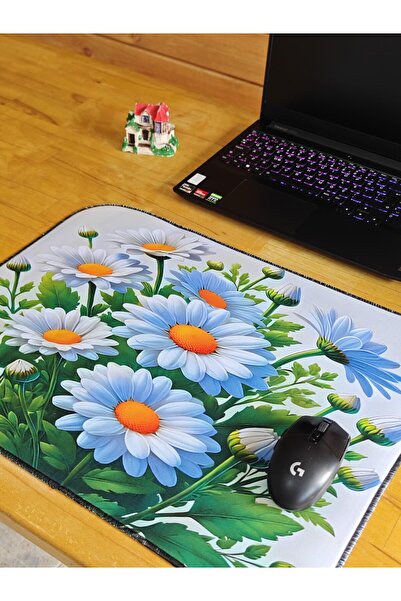 sgeteknoloji Sge Technology 55X45 cm White Daisies Anti-Slip Base Speed Surface Gamer Mouse Pad Gaming Pad
