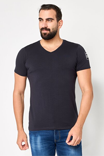 Cerruti 1881 Men V-Neck Short Sleeve Brand Logo T-Shirt, Dark Navy