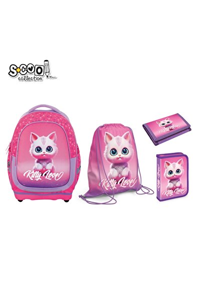 S COOL Set pentru elevi mici: Rucsac, Penar echipat, Geantă sport, Portofel, Kitty Love - S-COOL