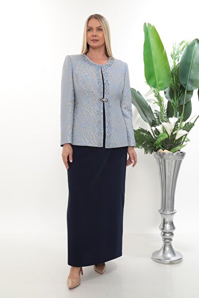 MİSS DİAMOND بدلة ثلاثية أنيقة ذات تنورة طويلة باللون الأزرق الداكن مع تطريز ...