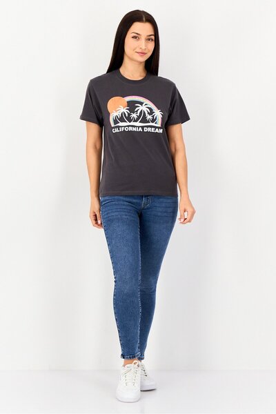 Reiko Women Crew Neck Graphic Print Short Sleeve T-Shirt, Brown