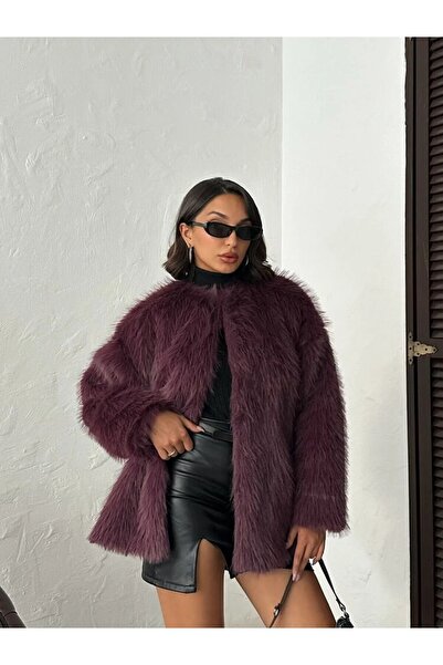 H&G Giyim Suni Kürk Peluş Mont – Mürdüm, Astarli, Çift Cepli, Şık, Ceket