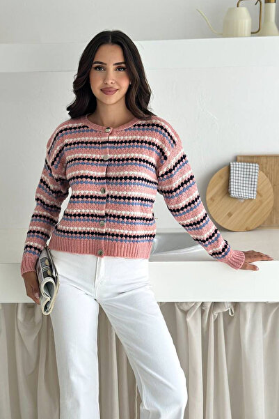 Noa Noa Women's Geometric Patterned Buttoned Knit Cardigan – Vibrant & Urban Style