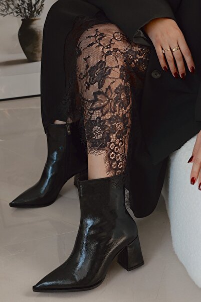 POLKA STORE Masculine Kadın Topuklu Bot Sivri Burun Fermuarlı Kalın Ökçe