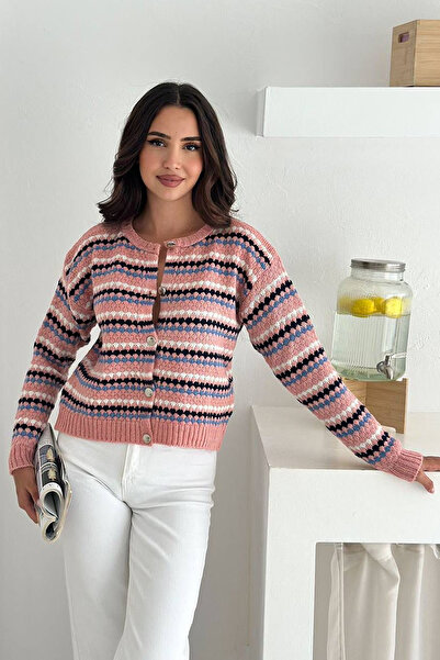 Noa Noa Women's Geometric Patterned Buttoned Knit Cardigan – Vibrant & Urban Style