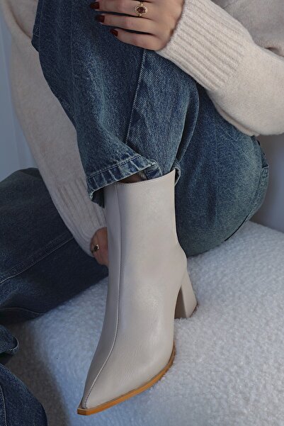 POLKA STORE Masculine Kadın Topuklu Bot Sivri Burun Fermuarlı Kalın Ökçe