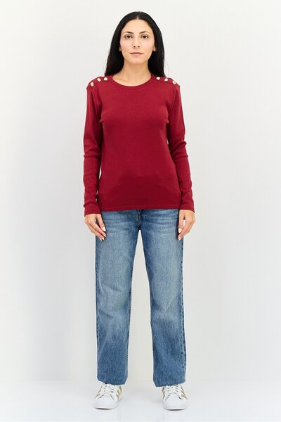 Rafaella Women Crew Neck Long Sleeves Plain Top, Deep Red