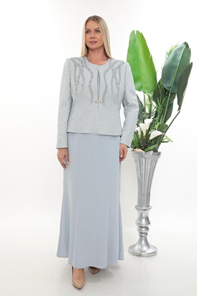 MİSS DİAMOND Stone embroidered jacquard woven water blue long skirt three pie...