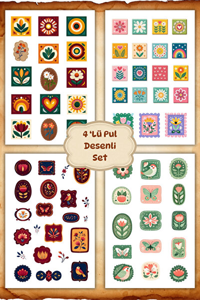 birikiyedi 4'Lü Etnik Pul Desenli Sticker Set/Planner Ajanda Bullet Journal I...