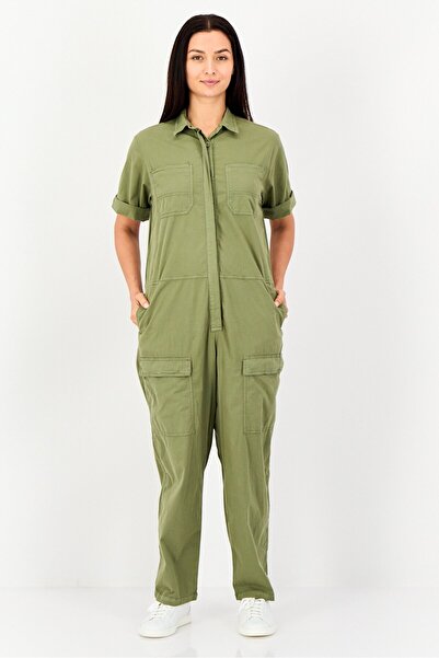 Reiko Women Solid Short Sleeve Jumpsuit, Khaki
