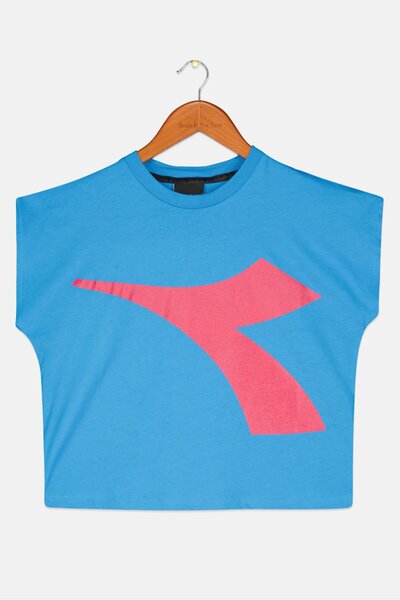 Diadora تيشيرت بناتي بأكمام قصيرة ورقبة دائرية وشعار ماركة، أزرق