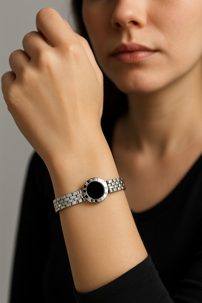 Kutcha Accessories Silver Color Steel Black Round Design Handcuff Bracelet