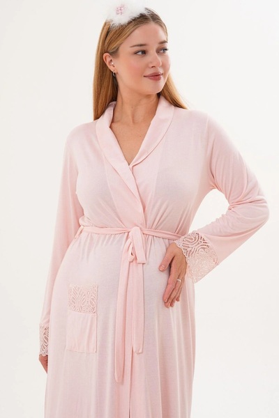 By Mecit Pijama Women's Long Belted Dressing Gown with Pocket and Guipure Detail 65% Cotton 35% Viscose