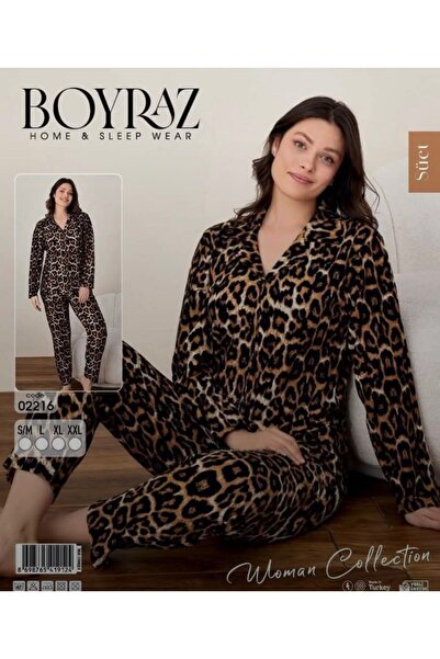 BOYRAZ Kadın Leopar Desenli Süet Pijama Takımı