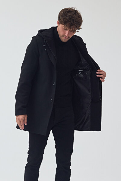 TREND KOMBİN Men's Black Color Standard Fit Zippered Half Quilted Hooded Cashmere Coat