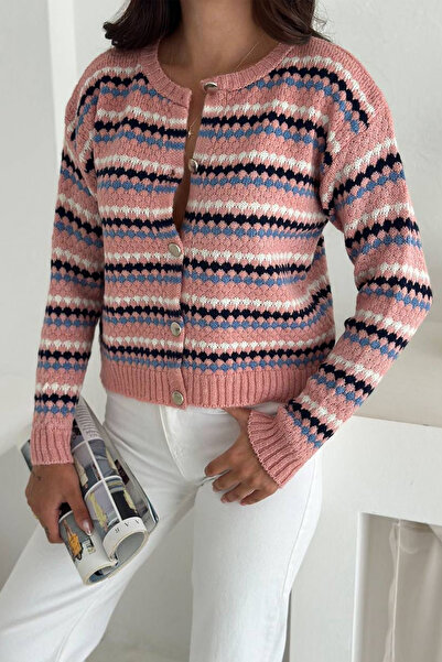 Noa Noa Women's Geometric Patterned Buttoned Knit Cardigan – Vibrant & Urban Style